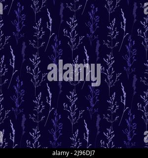 Seamless pattern of botanical elements silhouettes. Wild night herbs. Stock Vector