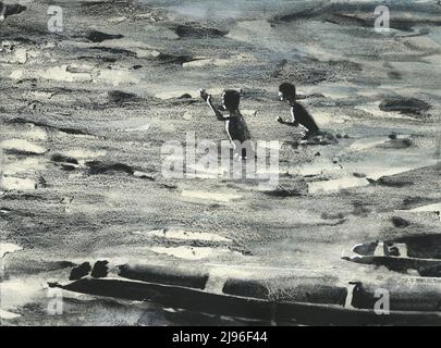Children playing in the Mekong River- Laos.  Monochromatic watercolor painting children in river SE Asia Laos artwork Stock Photo