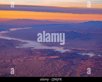 Aerial view of the Temple Bar Marina, Colorado river between Arizona, Nevada at USA Stock Photo