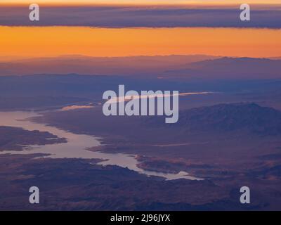 Aerial view of the Temple Bar Marina, Colorado river between Arizona, Nevada at USA Stock Photo