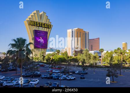 Las Vegas, MAY 13 2022 - Sunny view of the sign of Westgate Las Vegas Resort and Casino Stock Photo