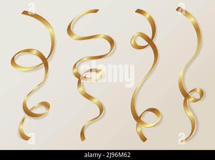 Set of golden curly ribbon serpentine confetti isolated on white background. You can use for decoration party, birthday, carnival, christmas, new year Stock Vector