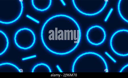 Abstract blue glowing neon lighting effect circles geometric seamless pattern on dark background. Vector illustration Stock Vector