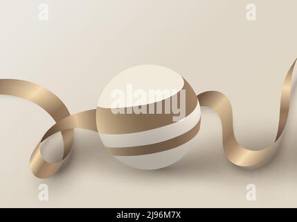 3D luxury realistic sphere ball with golden ribbon curly lines on cream background. Vector illustration Stock Vector