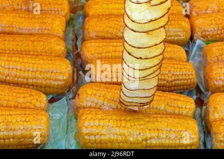 cooked yellow corn cobs with plastic wrap and a skewer of fried potato chips with peel for sale in street food stall Stock Photo