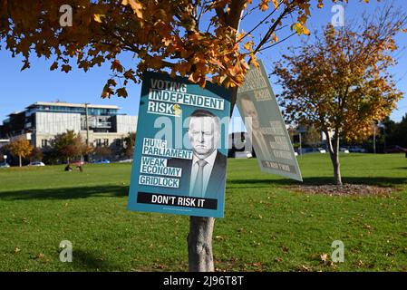 Negative Liberal Party campaign sign, suggesting that voting for an independent candidate could lead to Anthony Albanese becoming Prime Minister Stock Photo