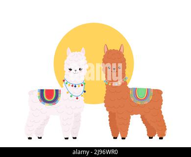 Cute llamas on white background. Funny kawaii characters of alpaca Stock Vector