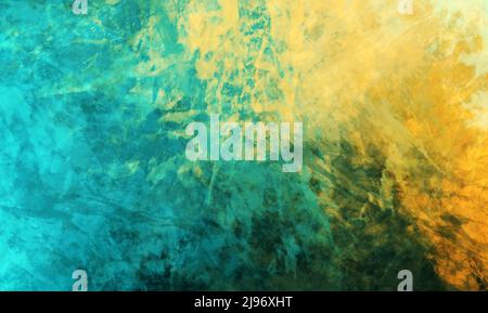 Blue green turquoise and yellow textured artsy painting background design illustration abstract bright stained marbled paper or canvas texture Stock Photo