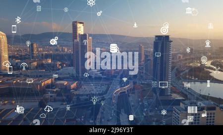 Global connection and the internet network modernization in smart city . Concept of future 5G wireless digital connecting and social media networking Stock Photo
