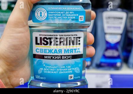 Tyumen, Russia-April 14, 2022: Listerine logo blue is an American brand of antiseptic mouthwash. Stock Photo