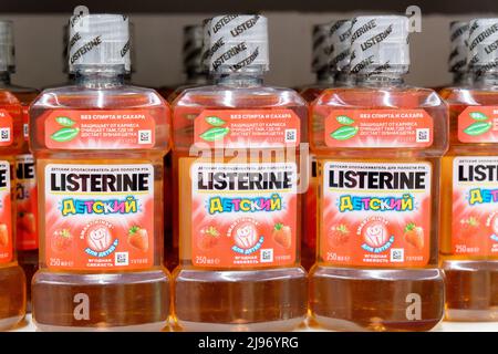 Tyumen, Russia-April 14 2022: Listerine children antibacterial mouthwash the world leader of the mouthwash market Stock Photo