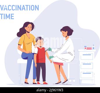Doctor pediatrician makes an injection of flu vaccine to a child in hospital. Healthcare, medical treatment, prevention and immunize. Stock Vector