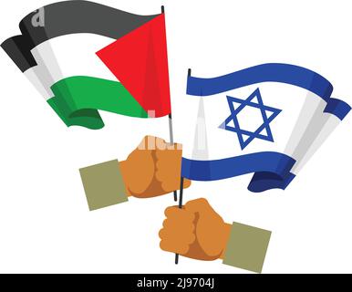 Two hands holding a flags Palestine and Israel in flat style isolated on white background Stock Vector