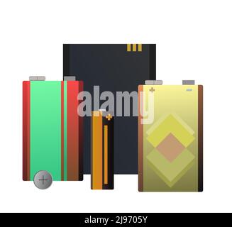 Still life from Battery Energy source. Electricity accumulator. Galvanic cell. electrolytic dissociation. Isolated on white background. Salt and Stock Vector