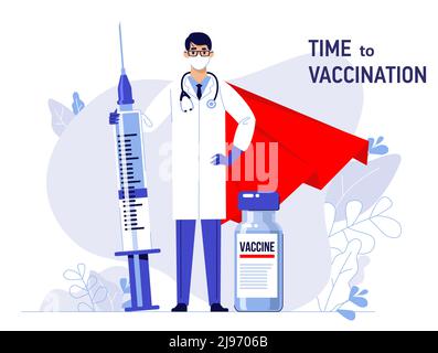 Young doctor hero man in protective mask with syringe and vaccine isolated on blue background. Healthcare, coronavirus, prevention and immunize. Stock Vector