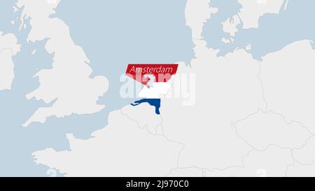 Netherlands map highlighted in Netherlands flag colors and pin of country capital Amsterdam, map with neighboring European countries. Stock Vector