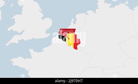 Belgium map highlighted in Belgium flag colors and pin of country capital Brussels, map with neighboring European countries. Stock Vector