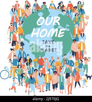Crowd of different people in community standing together around the world. Day of the Earth. Environment protection and ecology. Stock Vector