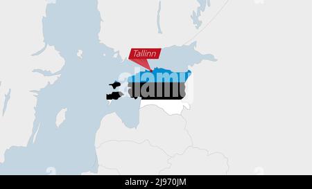 Estonia map highlighted in Estonia flag colors and pin of country capital Tallinn, map with neighboring European countries. Stock Vector