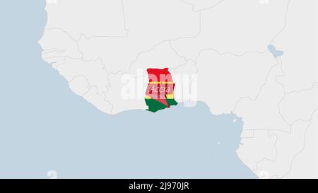 Ghana map highlighted in Ghana flag colors and pin of country capital Accra, map with neighboring African countries. Stock Vector