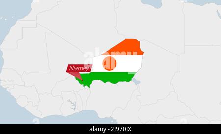 Niger map highlighted in Niger flag colors and pin of country capital Niamey, map with neighboring African countries. Stock Vector