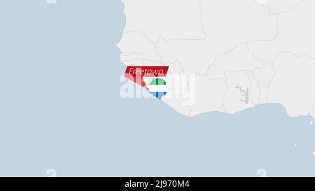Sierra Leone map highlighted in Sierra Leone flag colors and pin of country capital Freetown, map with neighboring African countries. Stock Vector