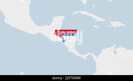 Honduras map highlighted in Honduras flag colors and pin of country capital Tegucigalpa, map with neighboring American countries. Stock Vector