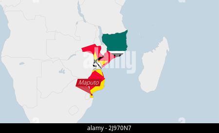 Mozambique map highlighted in Mozambique flag colors and pin of country capital Maputo, map with neighboring African countries. Stock Vector