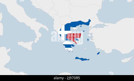 Greece map highlighted in Greece flag colors and pin of country capital Athens, map with neighboring European countries. Stock Vector