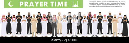 Prayer time. Different standing praying muslim arabic old and young people in traditional arabian clothes. Islamic men with beads in hands pray. Vecto Stock Vector
