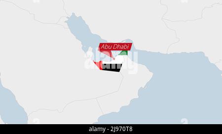 United Arab Emirates map highlighted in UAE flag colors and pin of country capital Abu Dhabi, map with neighboring Asian countries. Stock Vector