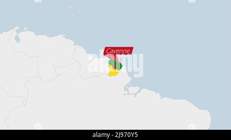 French Guiana map highlighted in French Guiana flag colors and pin of country capital Cayenne, map with neighboring American countries. Stock Vector