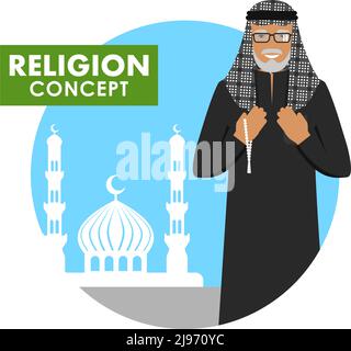 Islamic senior man with beads in hands pray. Muslim old person standing on the background silhouette of mosque and minarets. Vector illustration. Stock Vector