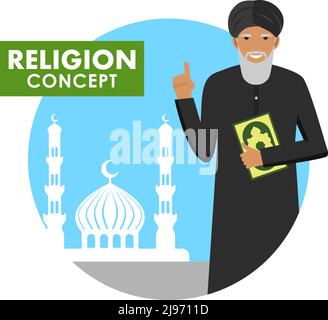 Mufti with quran. Mulla with Koran standing on the background silhouette of mosque and minarets. Vector illustration. Stock Vector