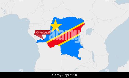 DR Congo map highlighted in DR Congo flag colors and pin of country capital Kinshasa, map with neighboring African countries. Stock Vector