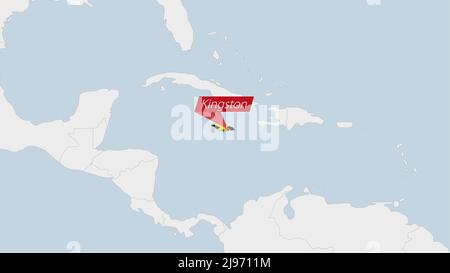 Jamaica map highlighted in Jamaica flag colors and pin of country capital Kingston, map with neighboring American countries. Stock Vector