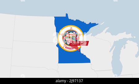 US State Minnesota map highlighted in Minnesota flag colors and pin of country capital Saint Paul, map with neighboring States. Stock Vector