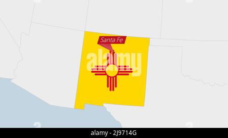 US State New Mexico map highlighted in New Mexico flag colors and pin of country capital Santa Fe, map with neighboring States. Stock Vector