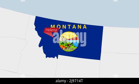 US State Montana map highlighted in Montana flag colors and pin of country capital Helena, map with neighboring States. Stock Vector