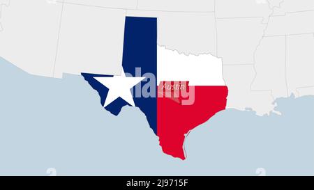 US State Texas map highlighted in Texas flag colors and pin of country capital Austin, map with neighboring States. Stock Vector
