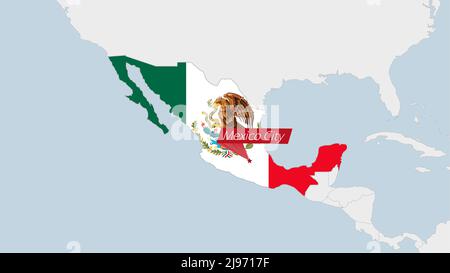 Mexico map highlighted in Mexico flag colors and pin of country capital Mexico City, map with neighboring American countries. Stock Vector