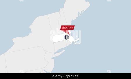 US State Massachusetts map highlighted in Massachusetts flag colors and pin of country capital Boston, map with neighboring States. Stock Vector