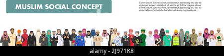 Arab man and woman different professions standing together in row on white background in flat style. Flat design people characters. Social concept. Mu Stock Vector