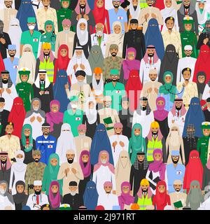 Vector seamless pattern group of arab men and women different professions standing together. Flat design people characters. Social concept. Muslim con Stock Vector