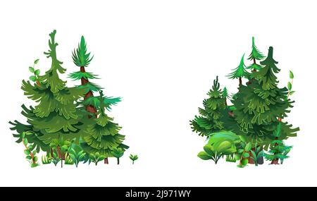 Pine forest. Two patches. Coniferous spruce trees. Landscape cartoon style. Isolated on white background. Vector. Stock Vector