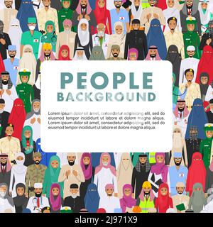 Vector seamless pattern group of arab men and women different professions standing together. Flat design people characters. Social concept. Muslim con Stock Vector