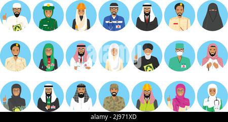 Set of colorful different Middle East people occupation characters in flat style icons. Vector illustration. Stock Vector