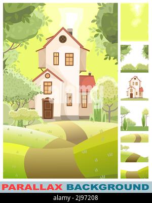Cartoon house in woods among trees. Set parallax effect. Hills. Beautiful, cozy country house in traditional Cute funny homes. Forest landscape. Illus Stock Vector