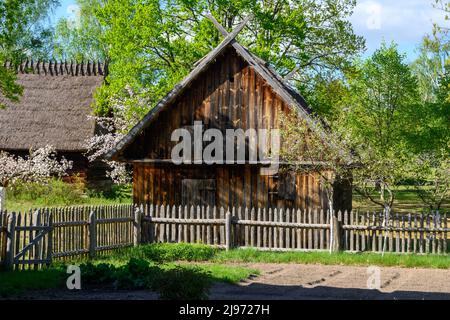 Wdzydze Kiszewskie, Poland - May 15, 2022: Cottage in Kashubian Ethnographic Park in Wdzydze Kiszewskie Stock Photo