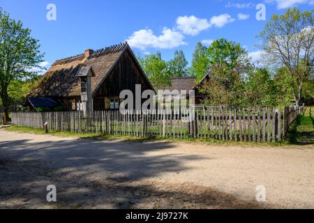 Wdzydze Kiszewskie, Poland - May 15, 2022: Cottage in Kashubian Ethnographic Park in Wdzydze Kiszewskie Stock Photo